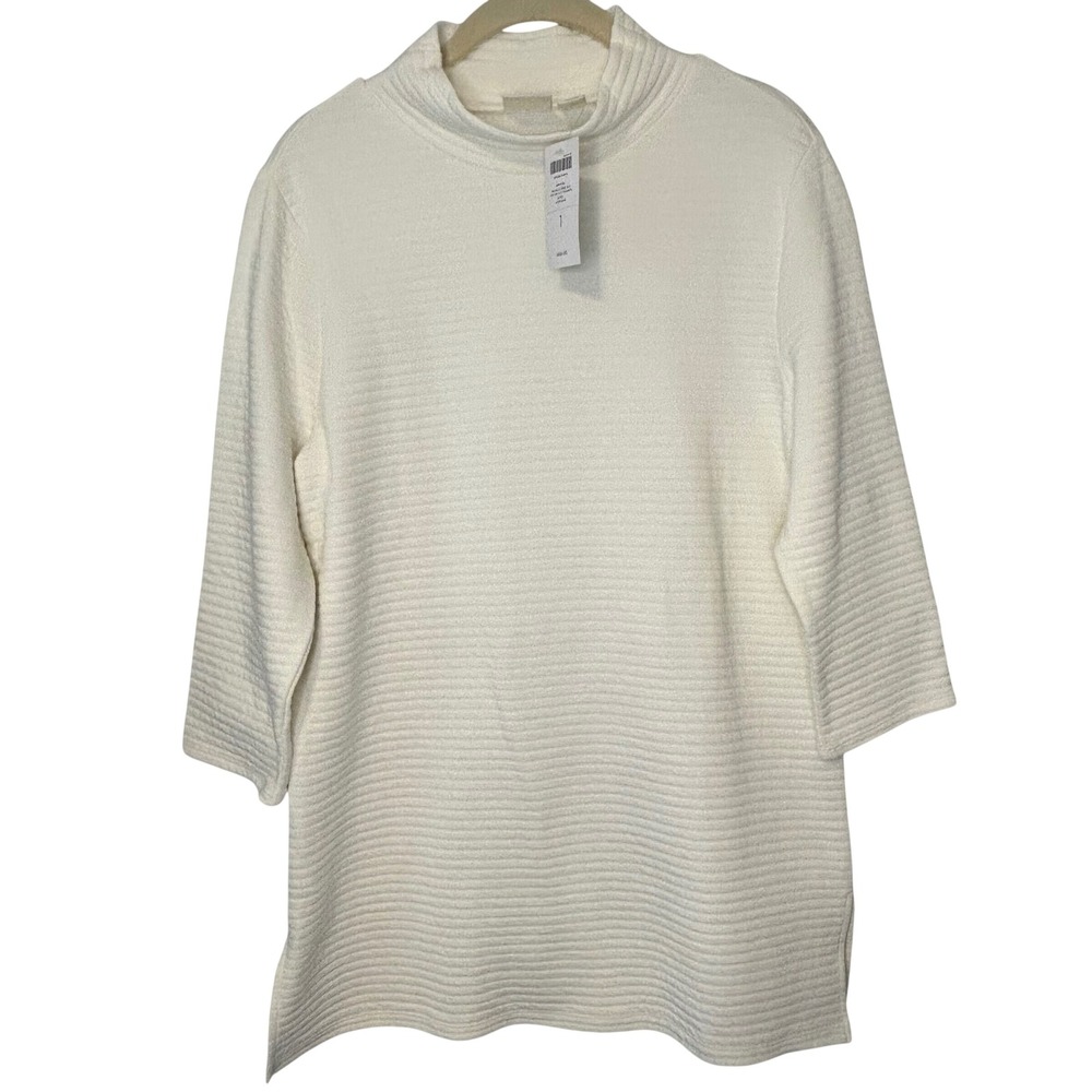 NEW Chicos Michelle Side Slit Tunic Top Ecru Ribbed Mock Neck 3/4 Sleeve Size 1